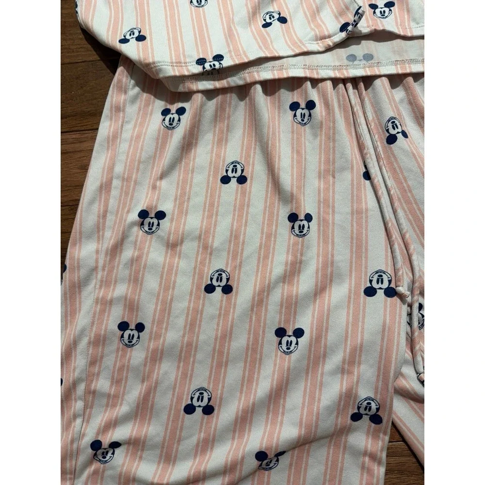 Mickey Mouse Pink White Stripped Pajamas Set Shorts Top Medium - Picture 2 of 4